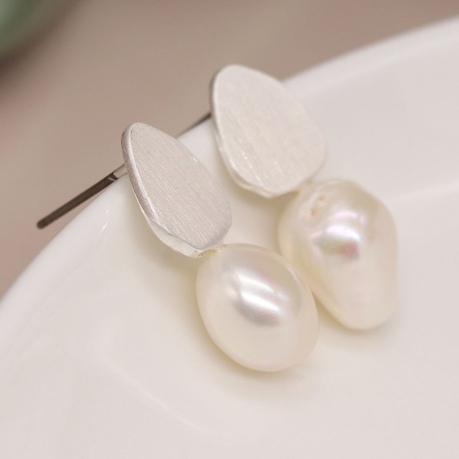 Silver plated brushed teardrop and pearl earrings