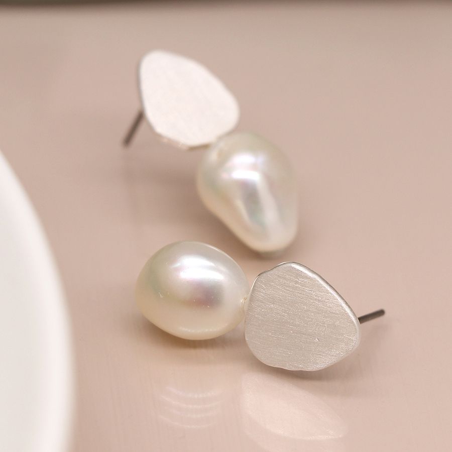 Silver plated brushed teardrop and pearl earrings