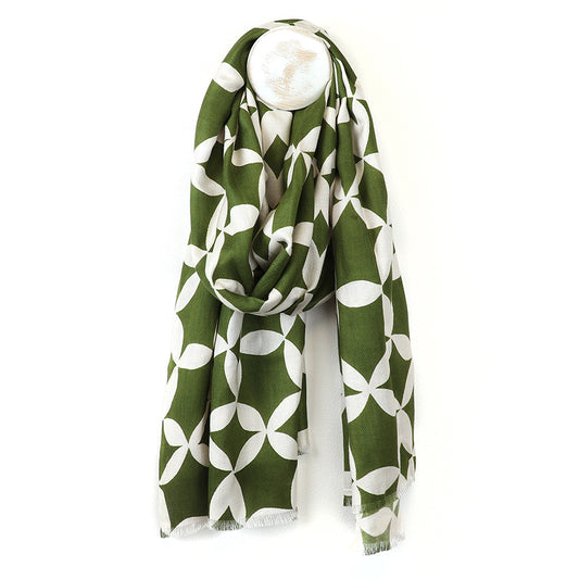 Green and white geometric print bamboo scarf
