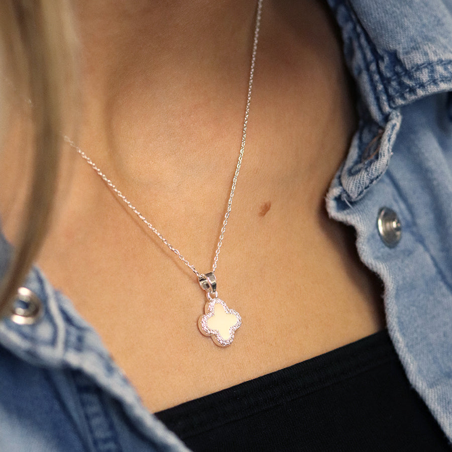 Crystal edged quatrefoil necklace - silver plated