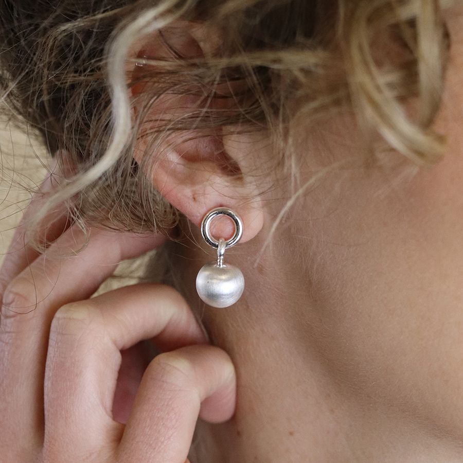 Silver Plated Shiny Hoop and Brushed Sphere Drop Earrings