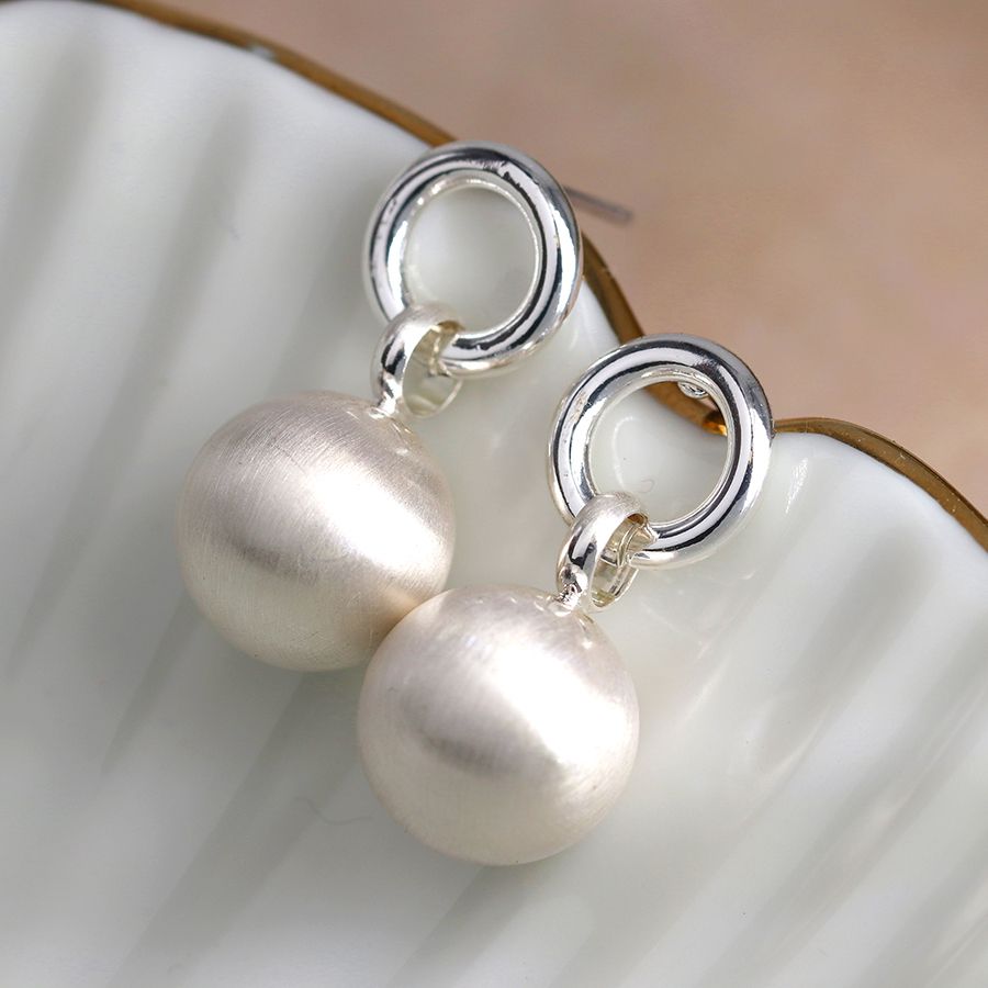 Silver Plated Shiny Hoop and Brushed Sphere Drop Earrings