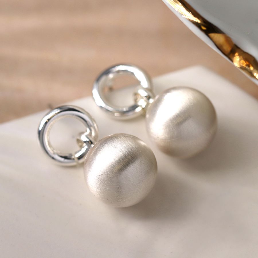 Silver Plated Shiny Hoop and Brushed Sphere Drop Earrings