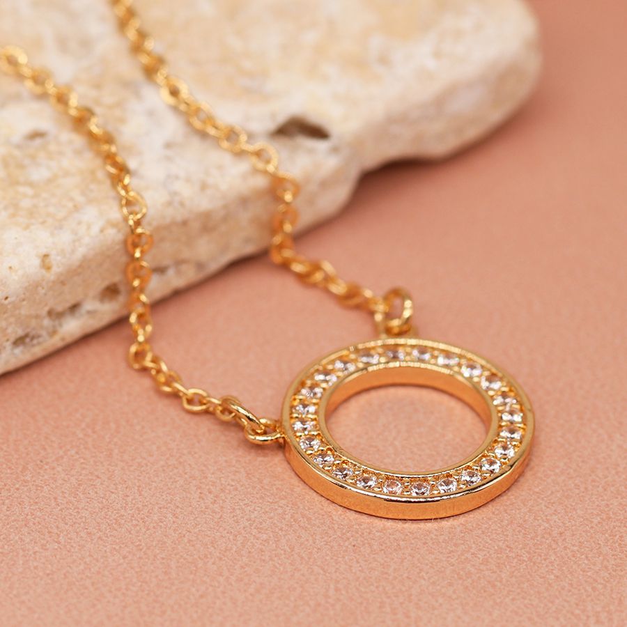 Golden crystal inset hoop necklace with split chain