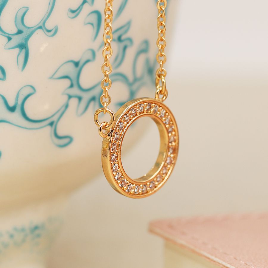 Golden crystal inset hoop necklace with split chain