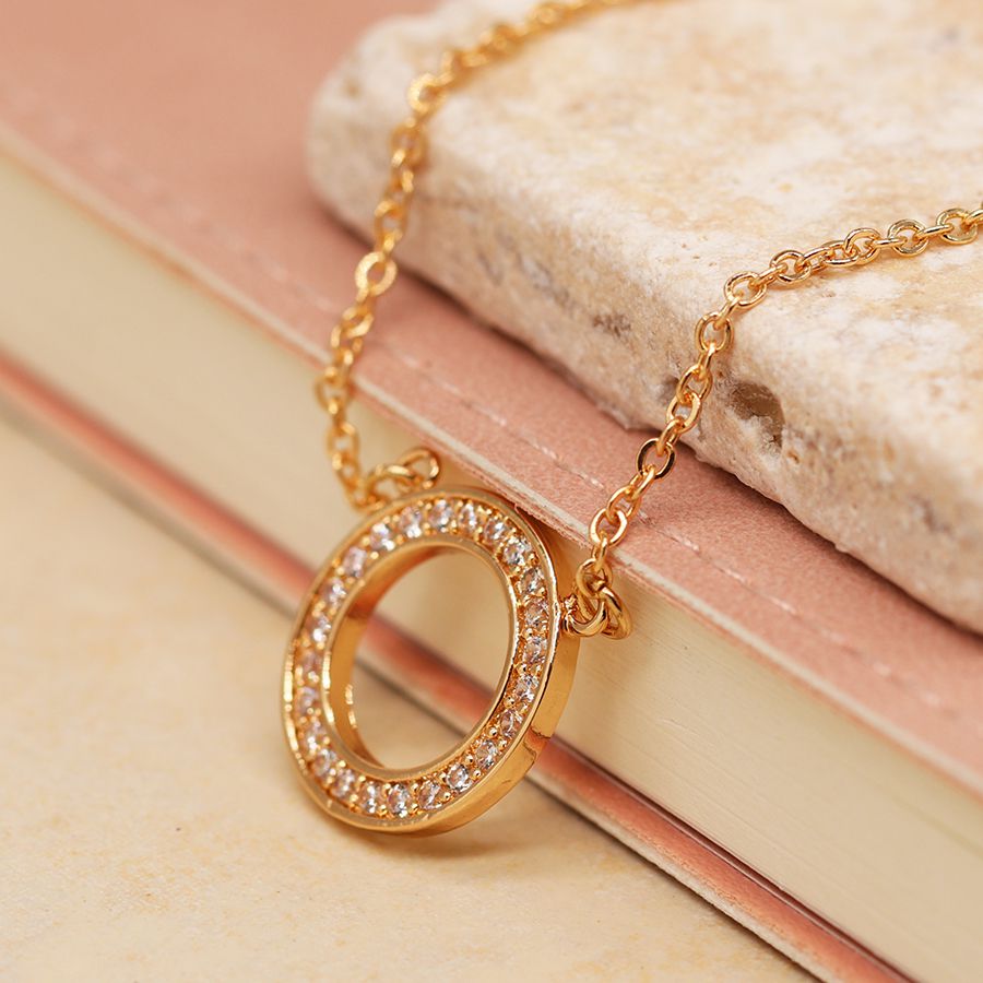 Golden crystal inset hoop necklace with split chain