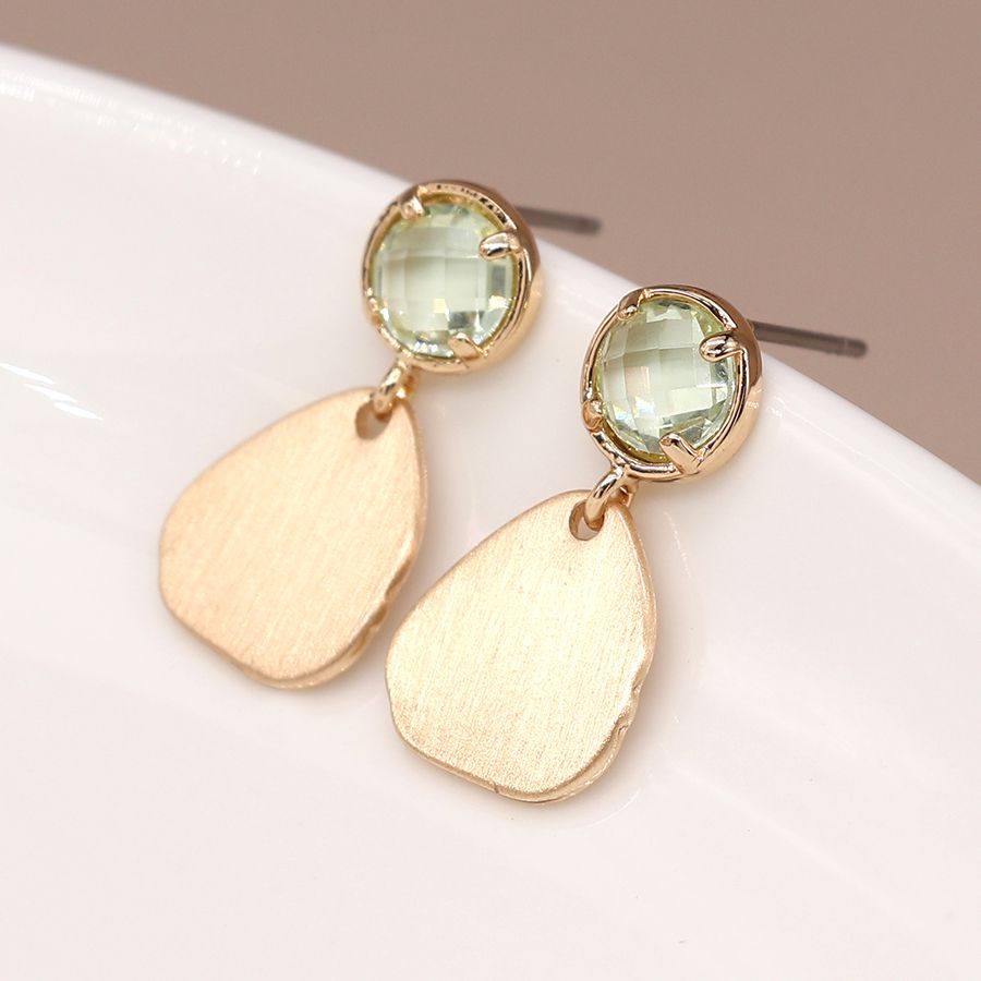 Golden brushed organic drop and aqua crystal earrings