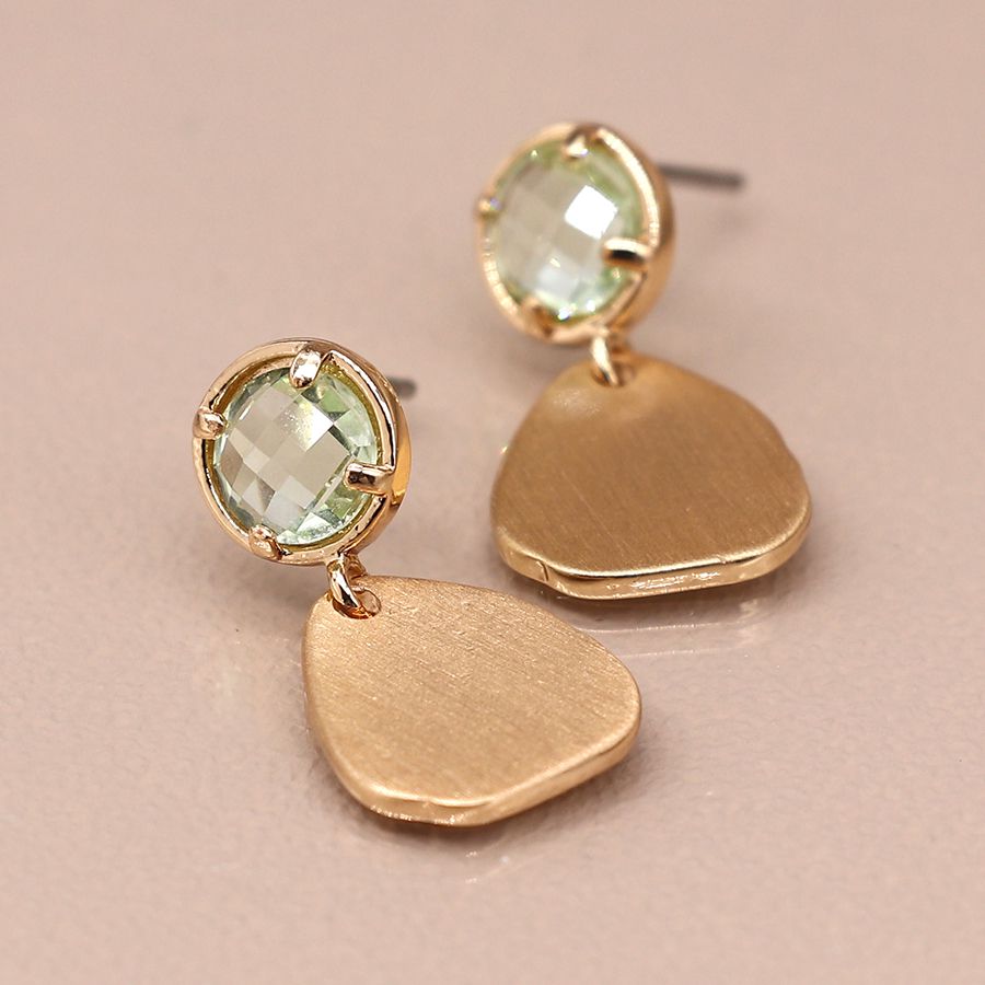 Golden brushed organic drop and aqua crystal earrings