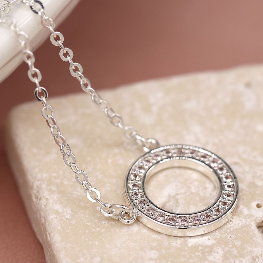 Silver Plated Crystal Inset Circle Necklace