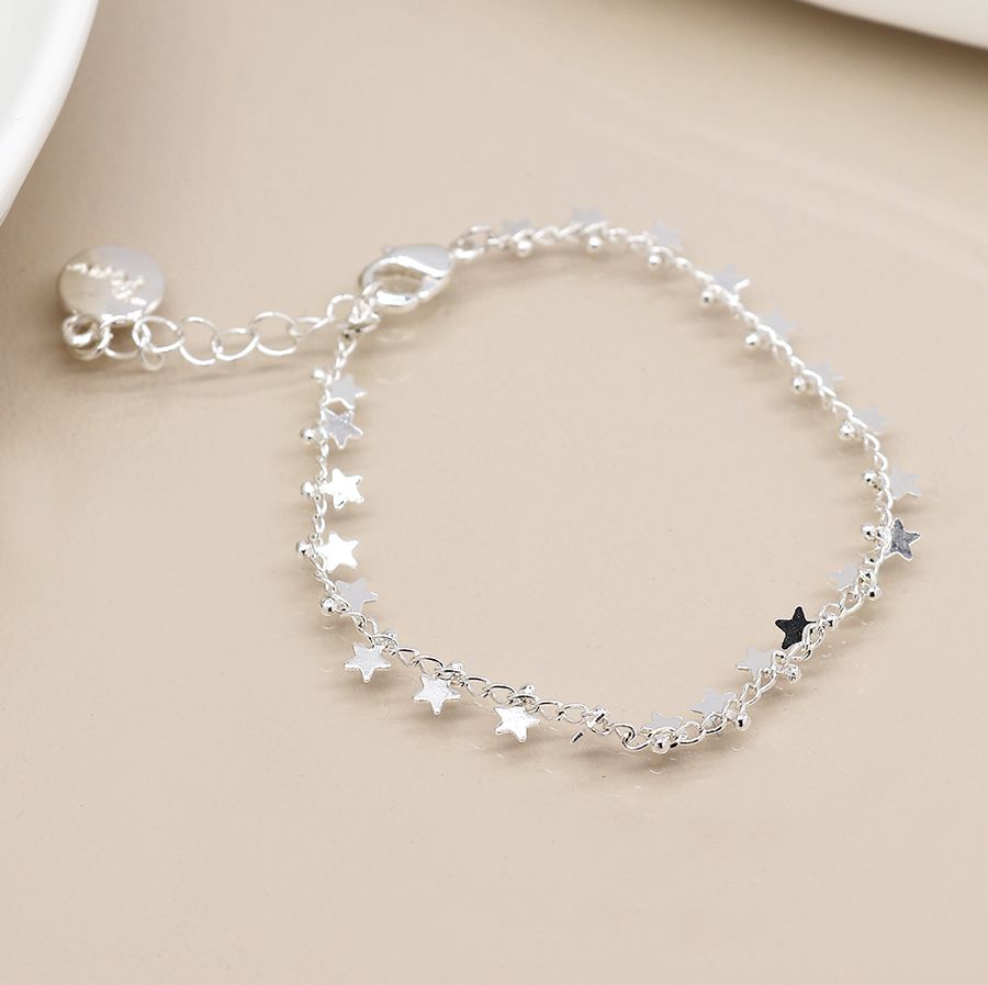 Silver plated multi star and tiny bead chain bracelet