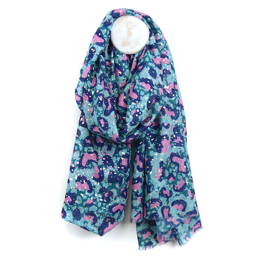 Recycled aqua and metallic overlay animal print scarf