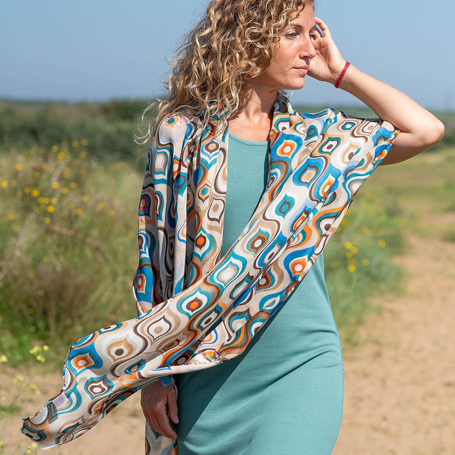 Blue and Orange Mix Retro Wave Print Scarf