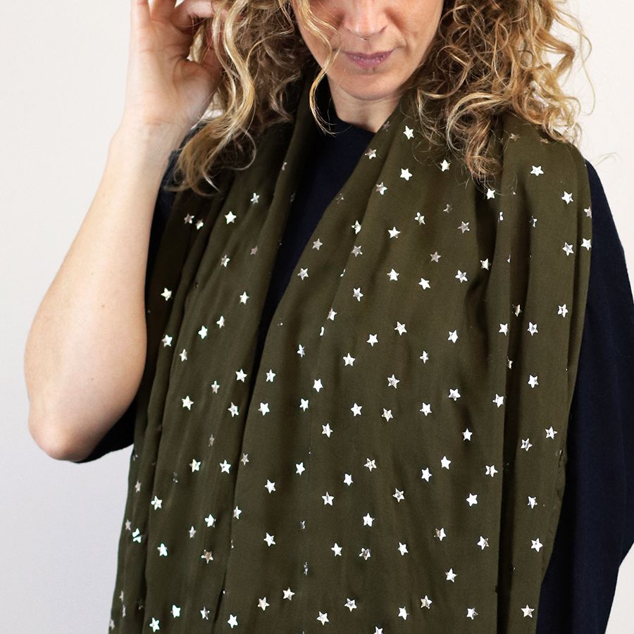 Dark green scarf with metallic star print