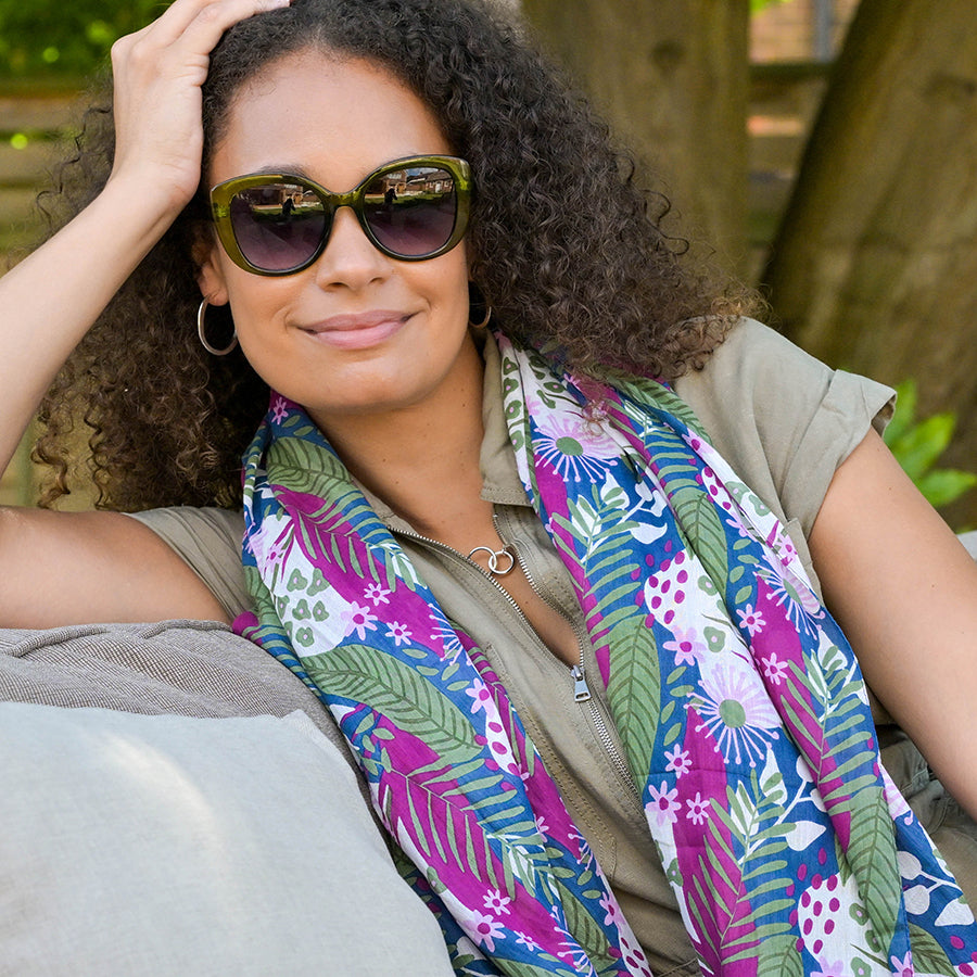 Organic cotton blue, green and purple mix botanical print scarf
