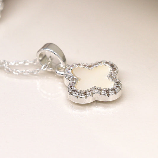 Crystal edged quatrefoil necklace - silver plated