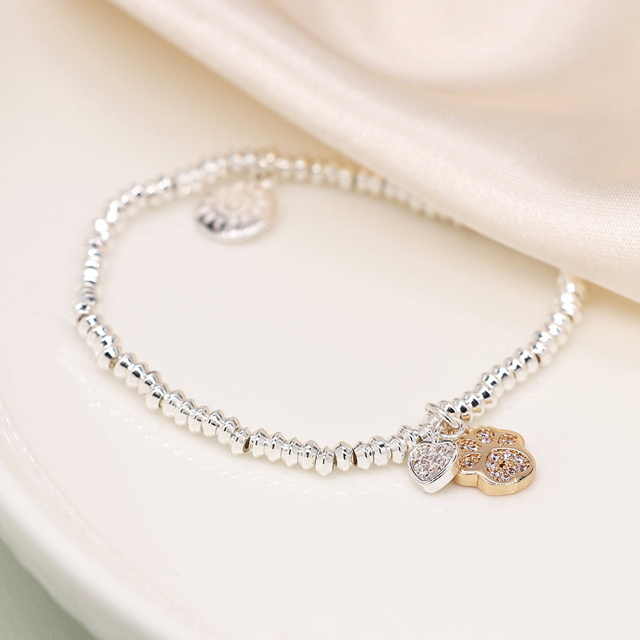 Crystal heart and golden paw charm bracelet - silver plated