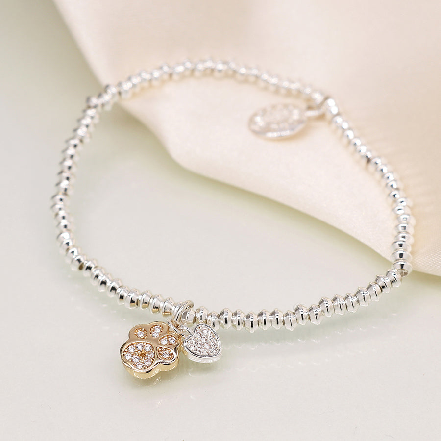 Crystal heart and golden paw charm bracelet - silver plated