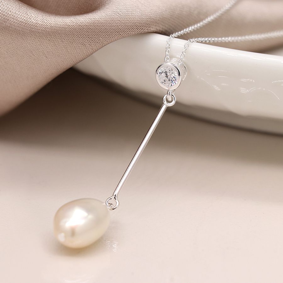 Sterling silver crystal and pearl drop necklace