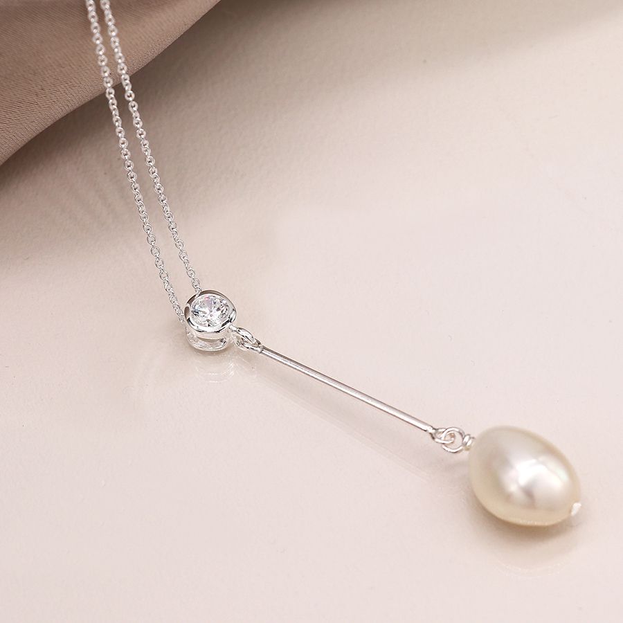 Sterling silver crystal and pearl drop necklace