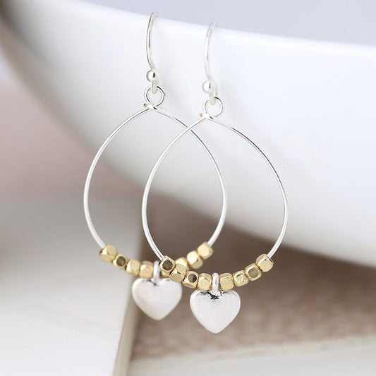 Silver Teardrop Earrings with golden beads and heart