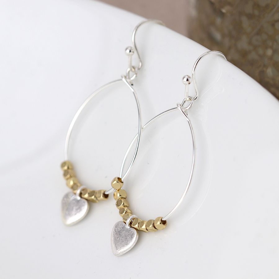 Silver Teardrop Earrings with golden beads and heart