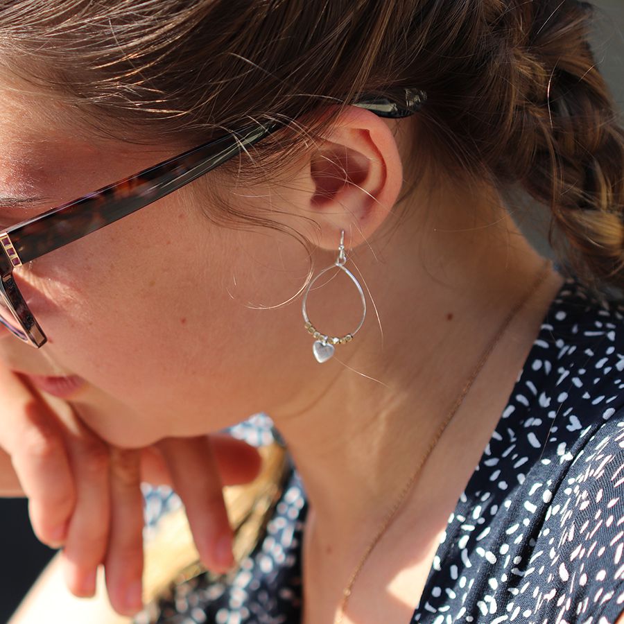 Silver Teardrop Earrings with golden beads and heart