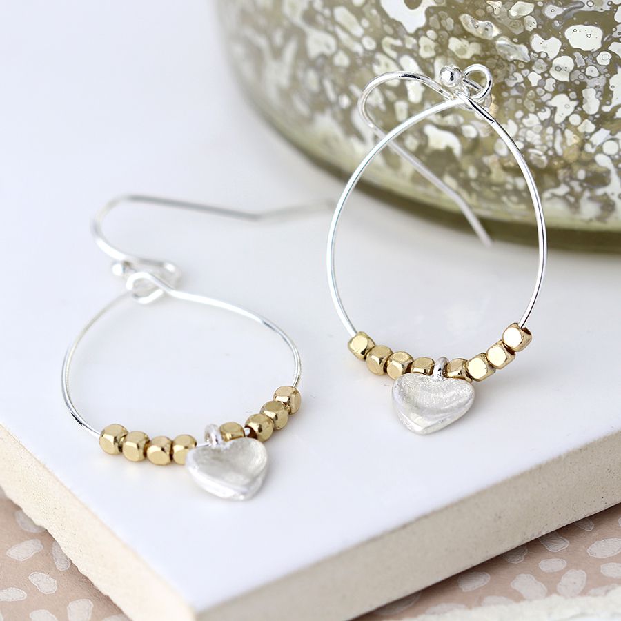 Silver Teardrop Earrings with golden beads and heart